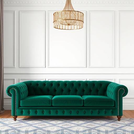 Elegant, tufted velvet sofa in a deep emerald green color