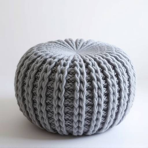 Hand-knitted pouf in a chunky grey wool