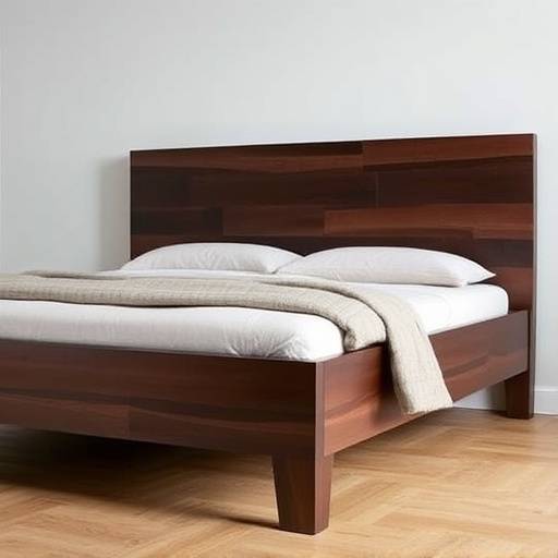 King-size platform bed with a dark wood frame and linen headboard