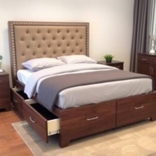 Queen size bed with upholstered headboard and storage drawers underneath
